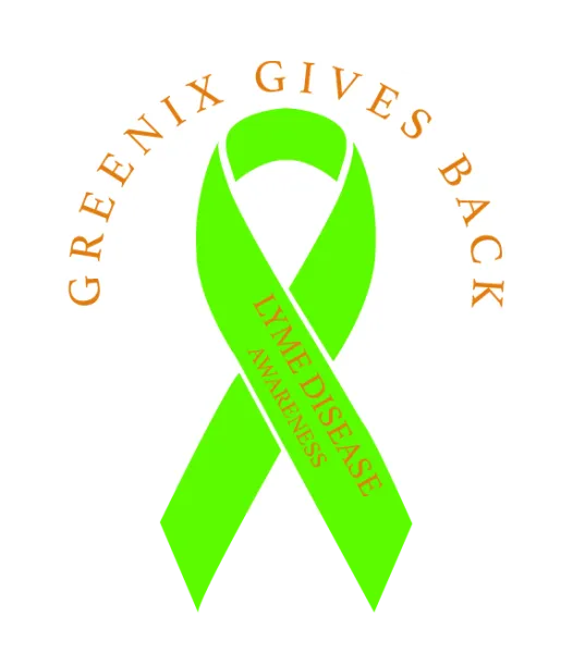 Bright green awareness ribbon with Lyme Disease Awareness text and Greenix Gives Back circle text on white background