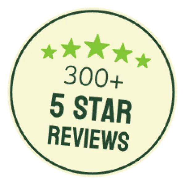 Round badge with five green stars and text 300+ 5 star reviews on light background