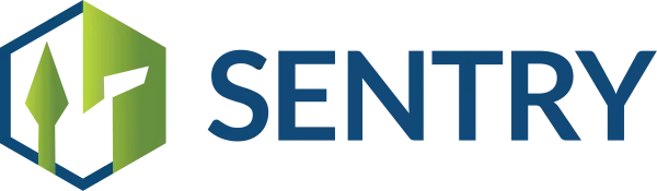 Sentry logo featuring a blue and green shield with a spear tip beside bold blue text SENTRY.