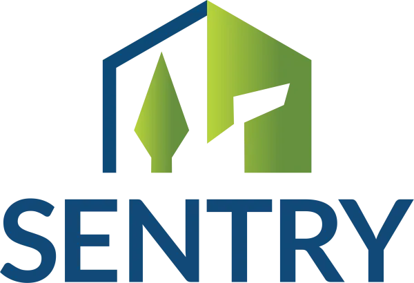 Sentry company logo featuring a green and blue house-shaped shield with a spear tip inside and the word SENTRY.
