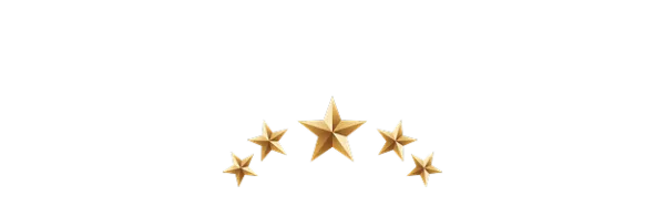 Five gold stars arranged in an arch on a black background symbolizing quality or rating.