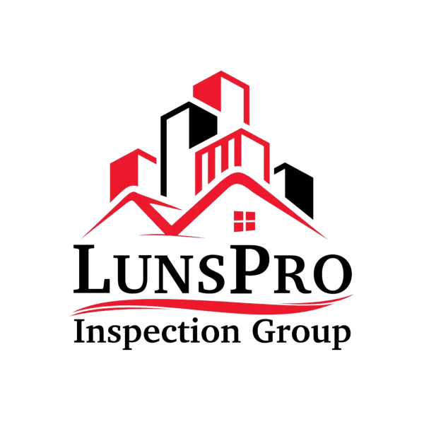 LunsPro Inspection Group logo with stylized red and black buildings and a house roof design.