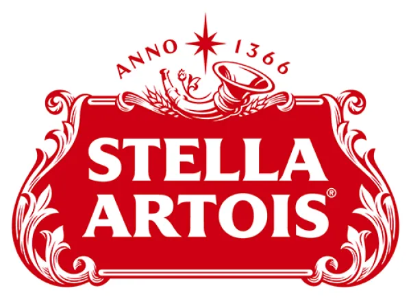 Stella Artois logo in red with white ornate detailing and the text Anno 1366 above the brand name.