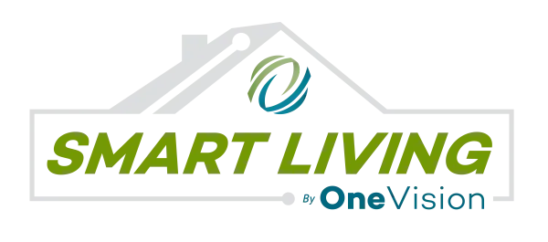 Smart Living logo featuring a house outline with circular emblem and text by OneVision in green and blue colors