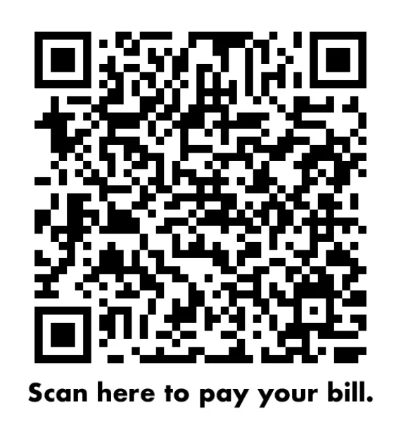 Black and white QR code with text below reading Scan here to pay your bill for quick payment.