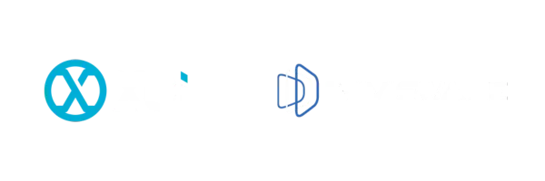 XO and Davisware company logos with blue circular and D-shaped icons on black background.