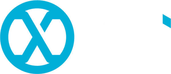 Blue circular logo with a stylized X inside next to white text on a black background