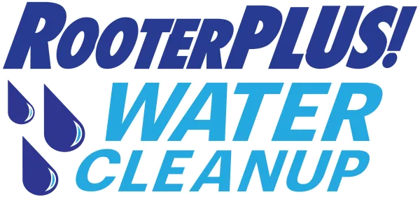 RooterPLUS! Water Cleanup logo with blue water drops for water damage restoration services