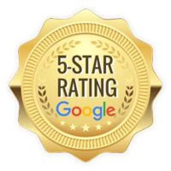 Gold 5-star rating badge with Google logo prominently displayed in the center.