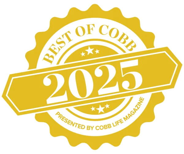 Gold badge with scalloped edges reading Best of Cobb 2025 presented by Cobb Life Magazine.