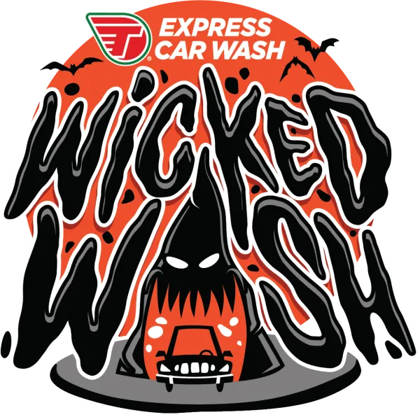 Wicked Wash Halloween-themed Express Car Wash logo with spooky bat, orange background, and car under black hood.