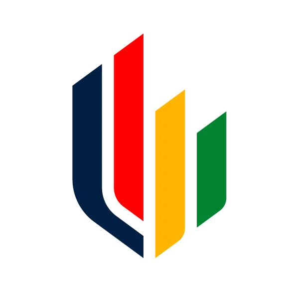 Colorful abstract logo with four vertical bars in navy, red, yellow, and green on black background