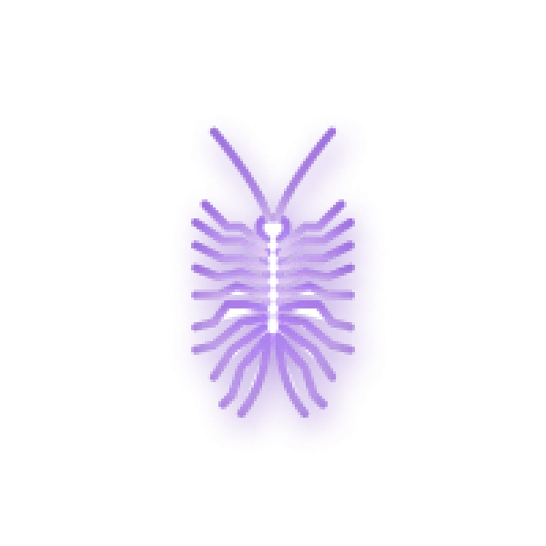 Purple abstract symmetrical shape resembling a stylized animal face with radiating lines on a black background
