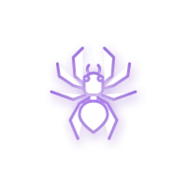 Stylized purple spider icon with geometric shapes on a black background symbolizing arachnid design