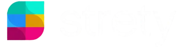 Strety logo with colorful geometric shapes forming an S next to white lowercase text on black background