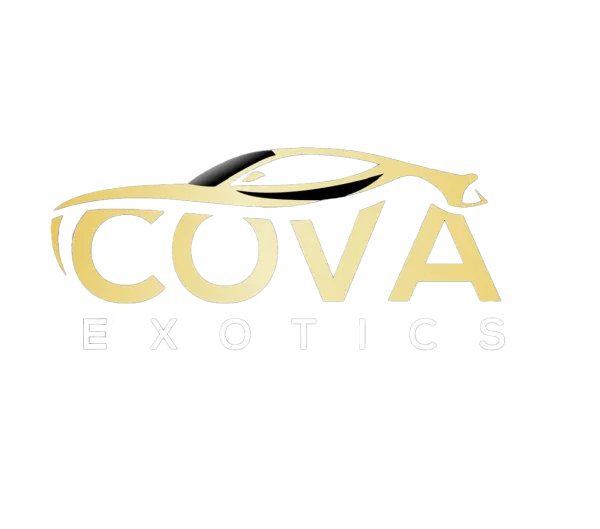 COVA Exotics logo featuring a sleek gold sports car silhouette over bold gold and white text on black background.