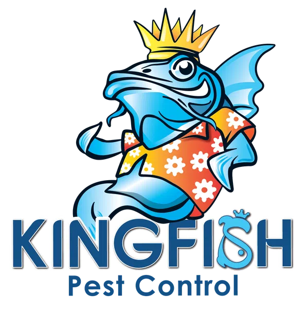 Colorful Kingfish logo with a cheerful fish character wearing a crown and a floral shirt, representing pest control.