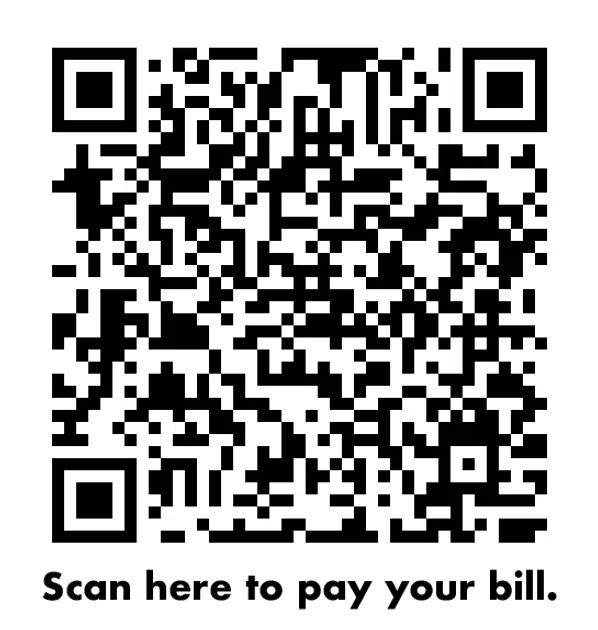 Black and white QR code with text below reading Scan here to pay your bill for quick payment.
