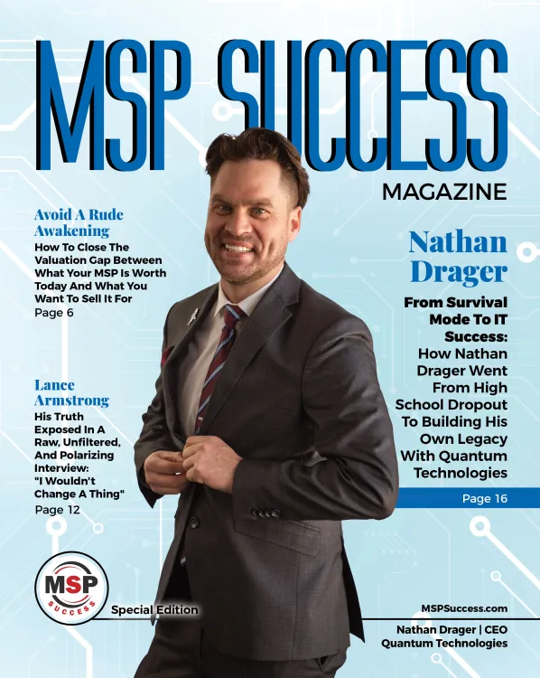 Magazine cover featuring Nathan Drager in a suit, highlighting his IT success story and MSP business tips.