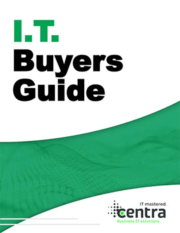 I.T. Buyers Guide cover with black and green text and a green wave design on white background.