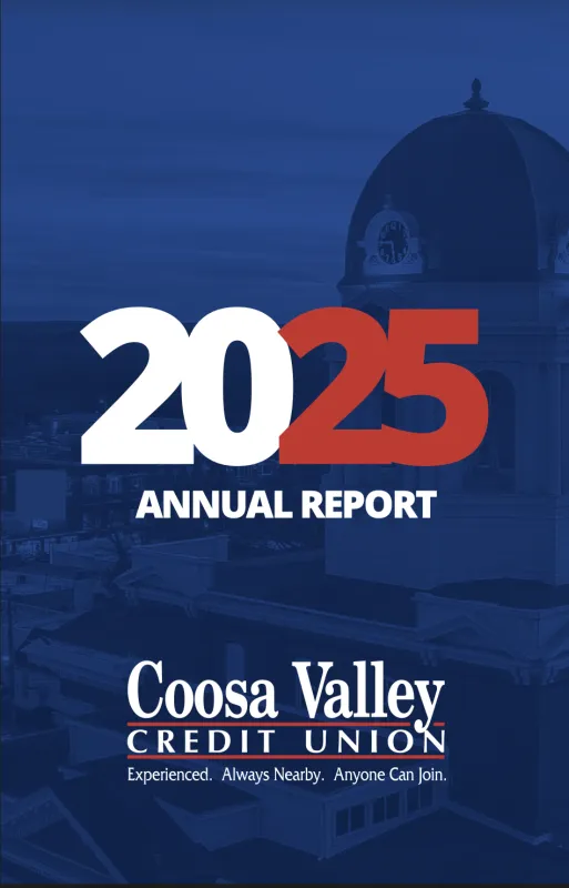 2025 Annual Report cover for Coosa Valley Credit Union with building clock tower background.