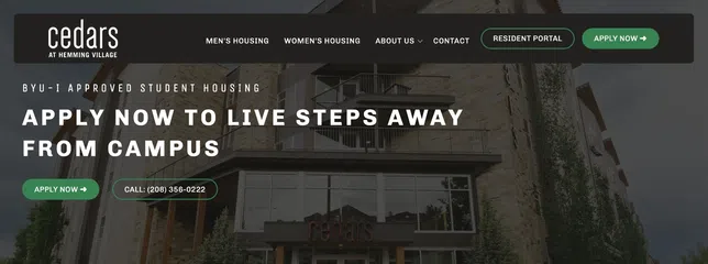 Student housing advertisement with modern building exterior and call to apply near campus.