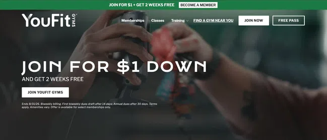 YouFit Gym membership offer: join for $1 down and get 2 weeks free with easy signup options