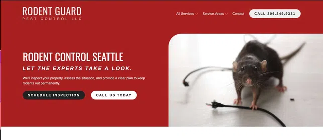 Website homepage for Rodent Guard Pest Control in Seattle with rat image and service call to action