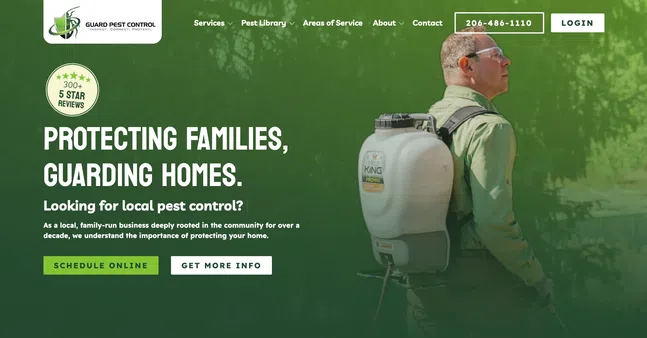Man in protective gear carrying pest control spray tank with green background and pest control service text