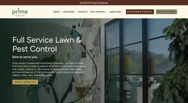 Technician applying pest control spray outside a modern home with large glass windows and greenery.