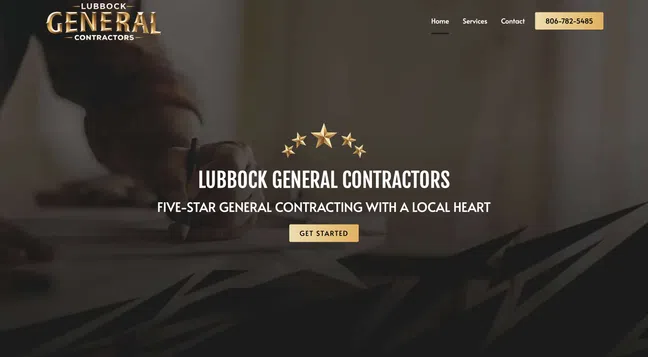 Lubbock General Contractors website homepage with five-star rating, contact number, and Get Started button visible.
