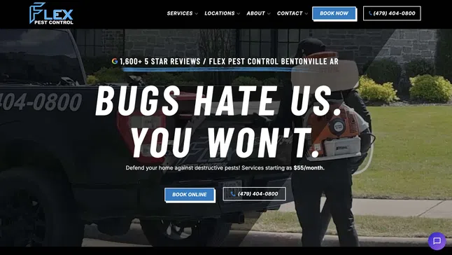 Flex Pest Control advertisement showing a worker with equipment and a truck, promoting pest control services in Bentonville AR.