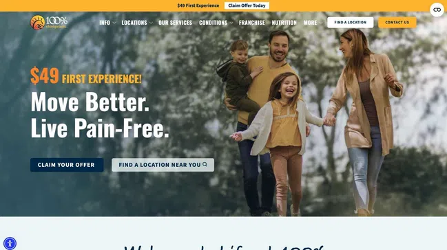 Happy family of four walking outdoors promoting pain-free living and $49 first experience offer