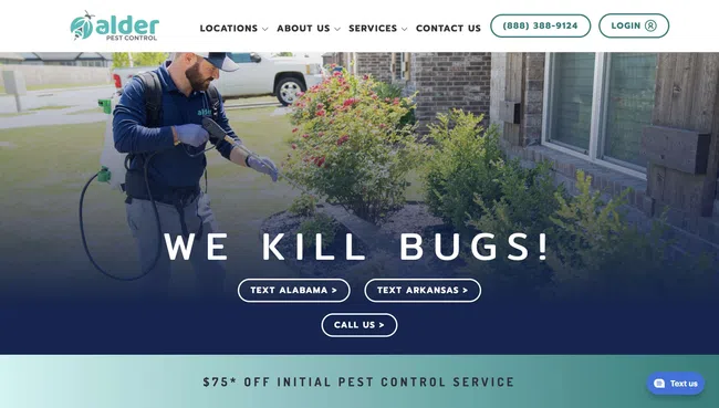 Pest control technician spraying chemicals outside a home garden to eliminate bugs and pests