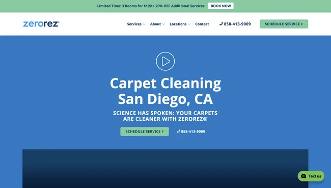 ZeroRez carpet cleaning service ad with San Diego location, contact number, and schedule button on blue background.