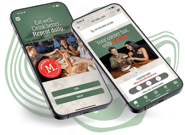 Two smartphones display Marlow's app screens with food, drinks, and loyal customer rewards interface.
