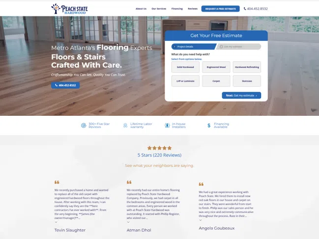 Peach State Hardwood website homepage with flooring services, customer reviews, and product options in Metro Atlanta.