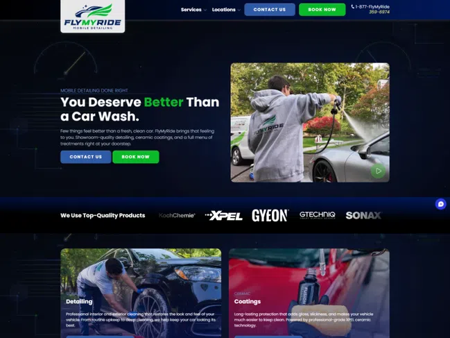 Website homepage for FlyMyRide mobile detailing showing services, packages, and contact options with vehicle cleaning visuals.