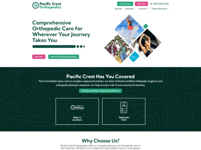 Pacific Crest Orthopedics website showing orthopedic care services, surgeons, insurances, and patient testimonials.
