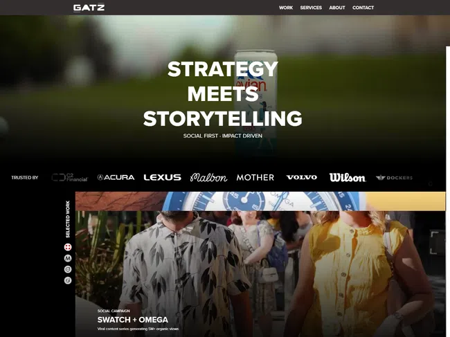 Website homepage showing strategy and storytelling with client logos, service details, and project highlights.