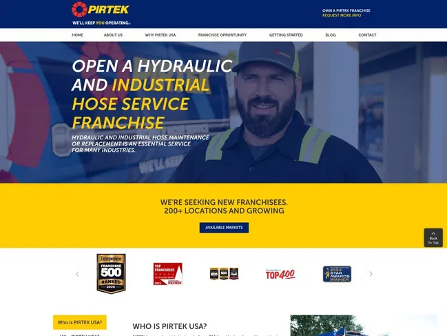 Pirtek hydraulic and industrial hose service franchise promotion with technician and service van.