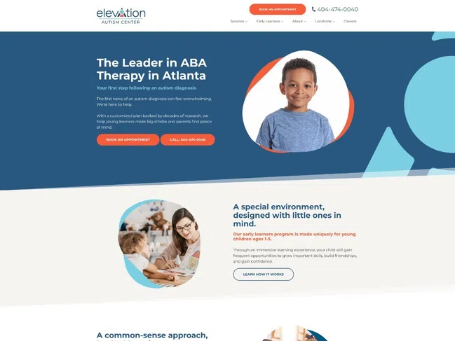 Website homepage for Elevation Autism Center showcasing ABA therapy services, children, and caregivers in learning settings.
