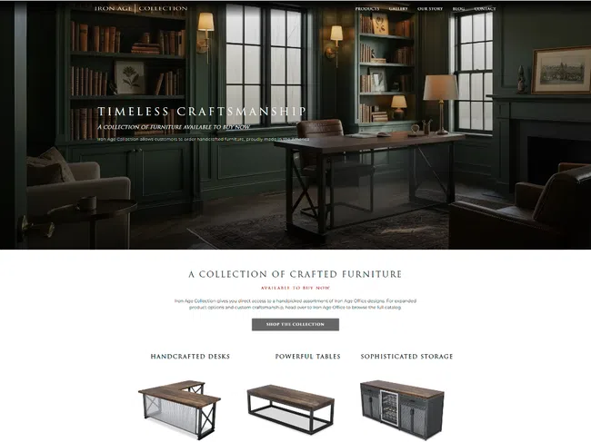 Modern handcrafted industrial office furniture including desks, tables, and storage in a stylish workspace with warm lighting.