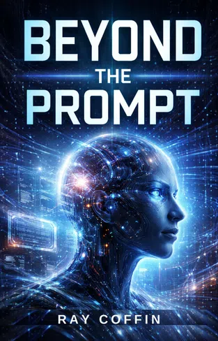 Futuristic human-AI hybrid with glowing circuits and digital data overlays under Beyond the Prompt title.