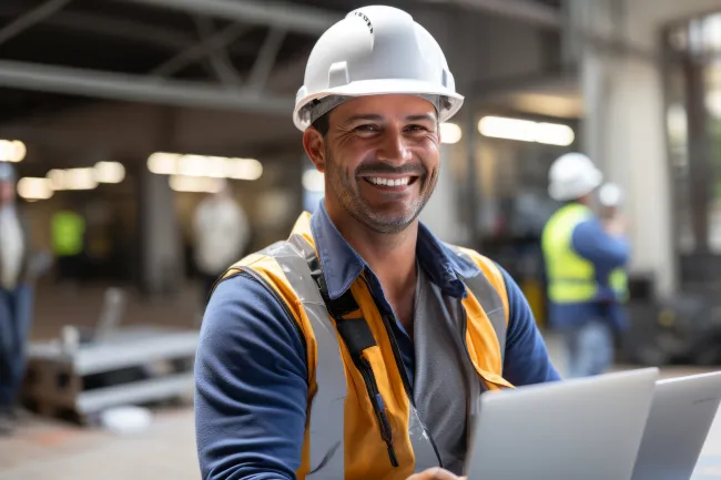 Smiling construction worker wearing a white hard hat and orange safety vest holding a laptop indoors