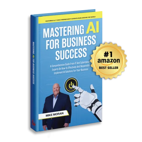 Book cover of Mastering AI for Business Success by Mike Moran featuring a robot hand and #1 Amazon bestseller badge.