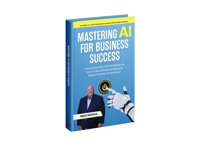 Book cover of Mastering AI for Business Success by Mike Moran featuring AI and business themes
