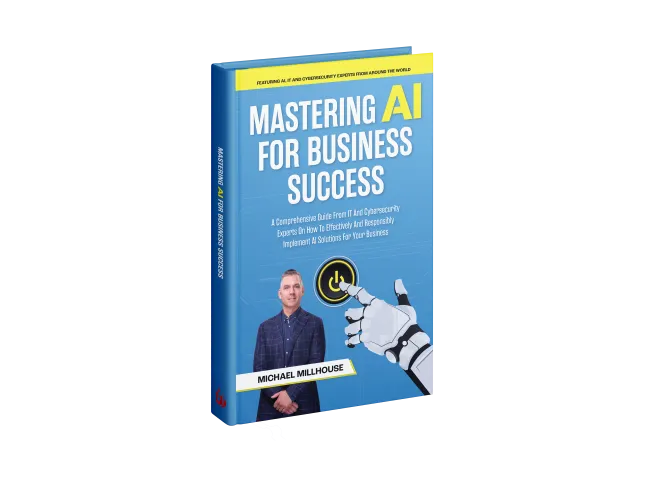 Book cover of Mastering AI for Business Success by Michael Millhouse with robotic hand pressing power button