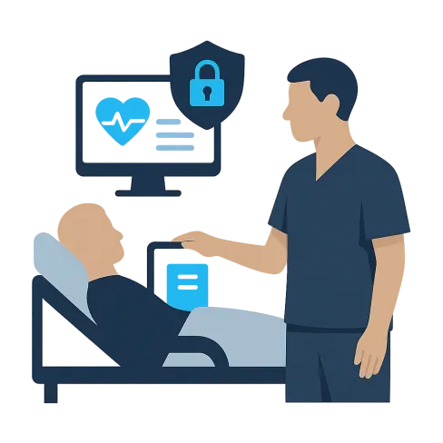 Medical professional attending to patient in hospital bed with secure digital health monitoring visible