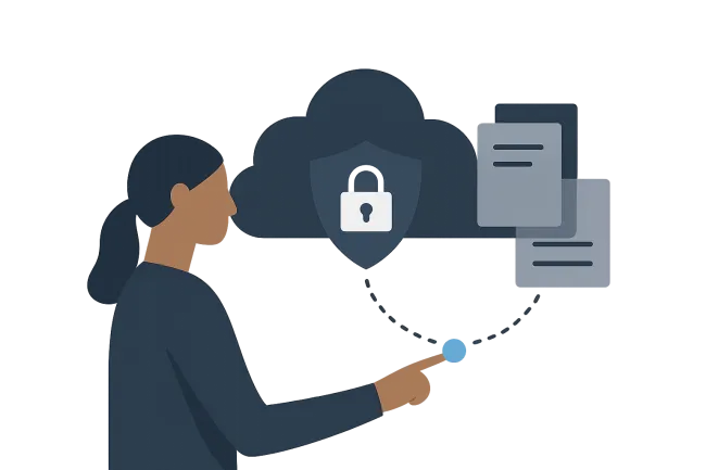 Person interacting with secure cloud storage symbolized by locked shield and floating documents.
